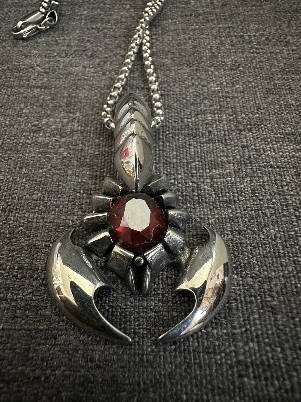Heavy Silver Tone Scorpion Pendant Necklace Red Stone Gothic Biker Scorpio